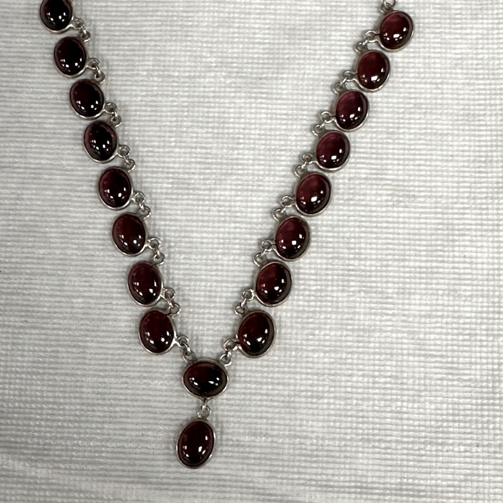 Silver and precious stones garnet  , lovely 16”inches it has that Victorian look